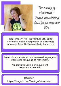 Poster for Peggy Lamb's movment and writing class. Details found in text above.