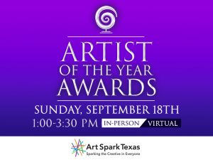 text reads "Artist of the year awards. Sunday, September 18th 1 PM - 3:30 PM in-person and virtual"