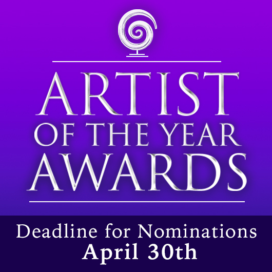 A spiral-shaped award appears against a purple background. Text reads, "Artist of the Year Awards. Deadline for nominations April 30th."