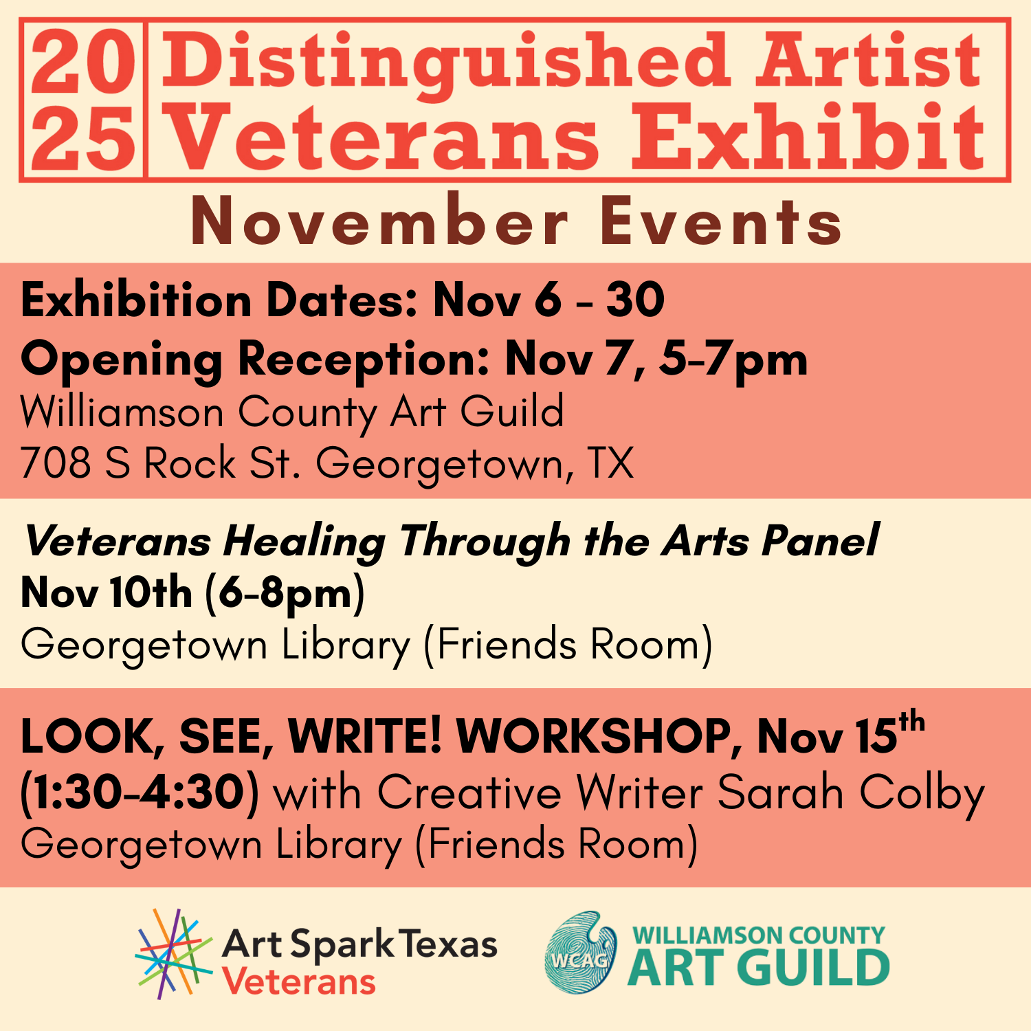 November Events at Art Spark Texas - a soft yellow flyer with muted red highlights mentioning their annual art exhibit in georgetown accompanied by workshops and panels.