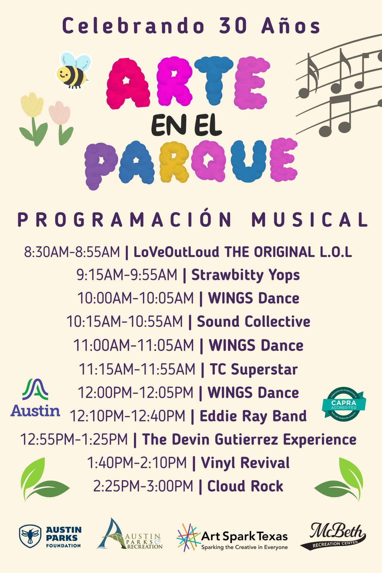 Spanish Music Lineup for Art Spark Texas Art in the Park's 30th anniversary
