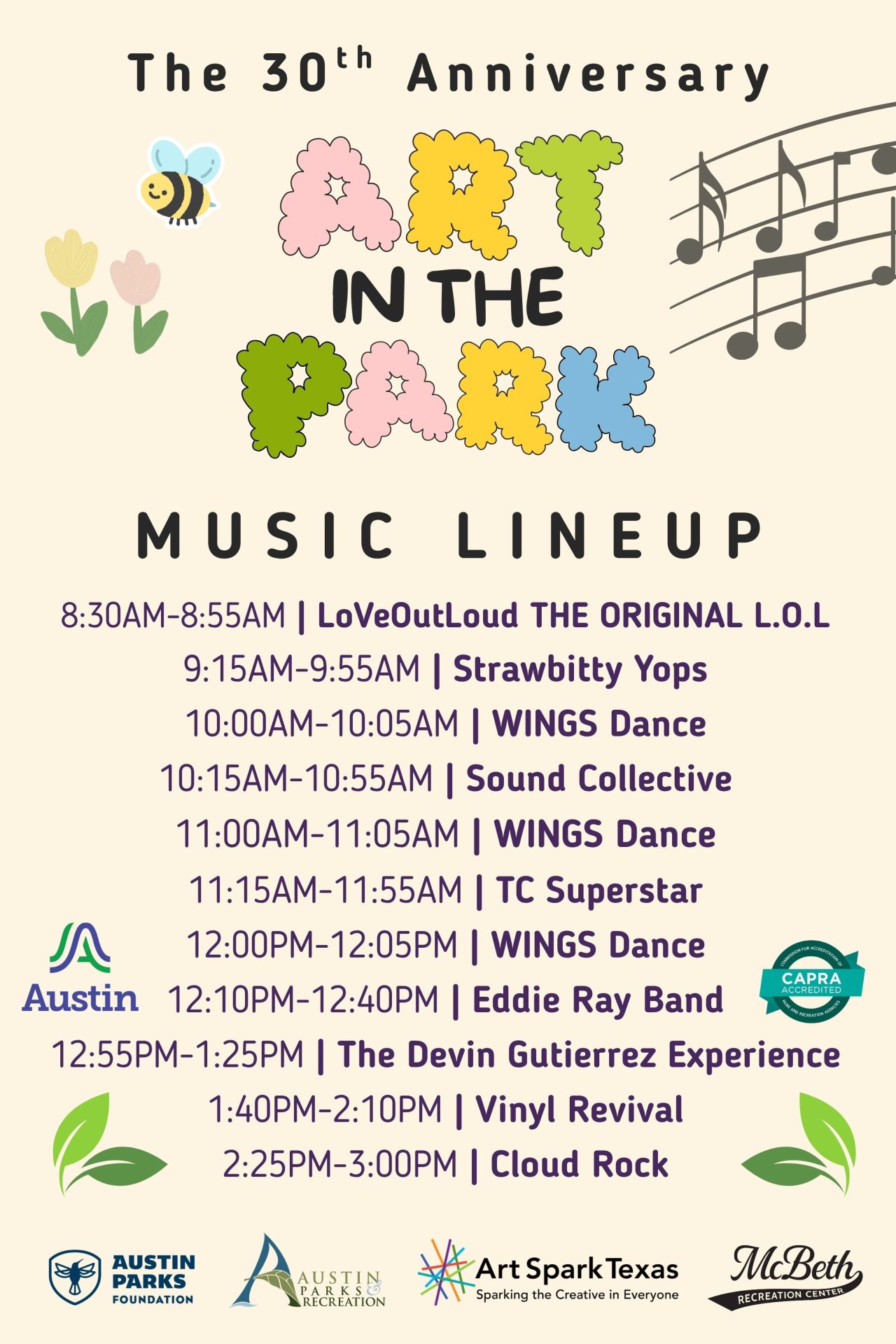 The 30th Art in the Park music lineup from Art Spark Texas