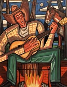 painting of cowboy playing guitar and singing at a desert campfire