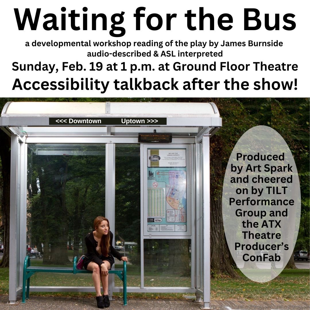Promotional graphic for developmental reading of the play “Waiting for the Bus” shows a young woman seated at a bus stop.