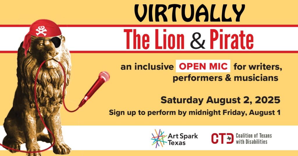 Yellow Open mic Flyer with a Lion with text that reads "virtually - The Lion and Pirate Open Mic"