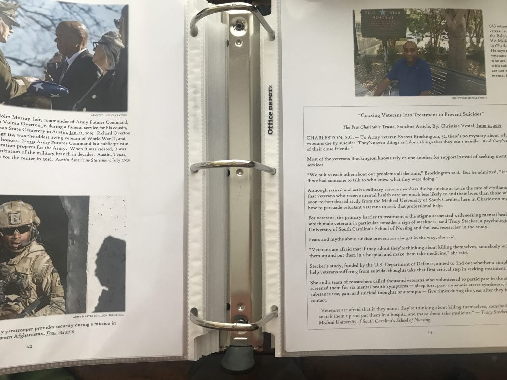 An inside look at the binder shows photos of Ronald’s military service and civilian life interspersed with text.