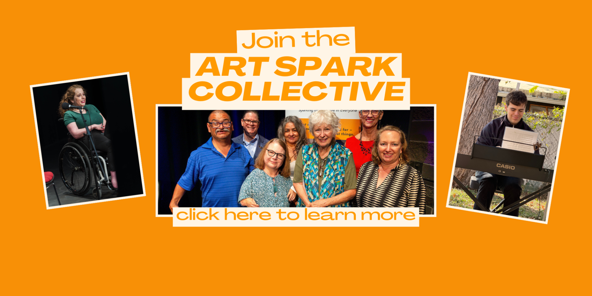 Orange banner with a photo of the Art Spark texas board members with the text "join the art spark collective" and "click here to learn more"
