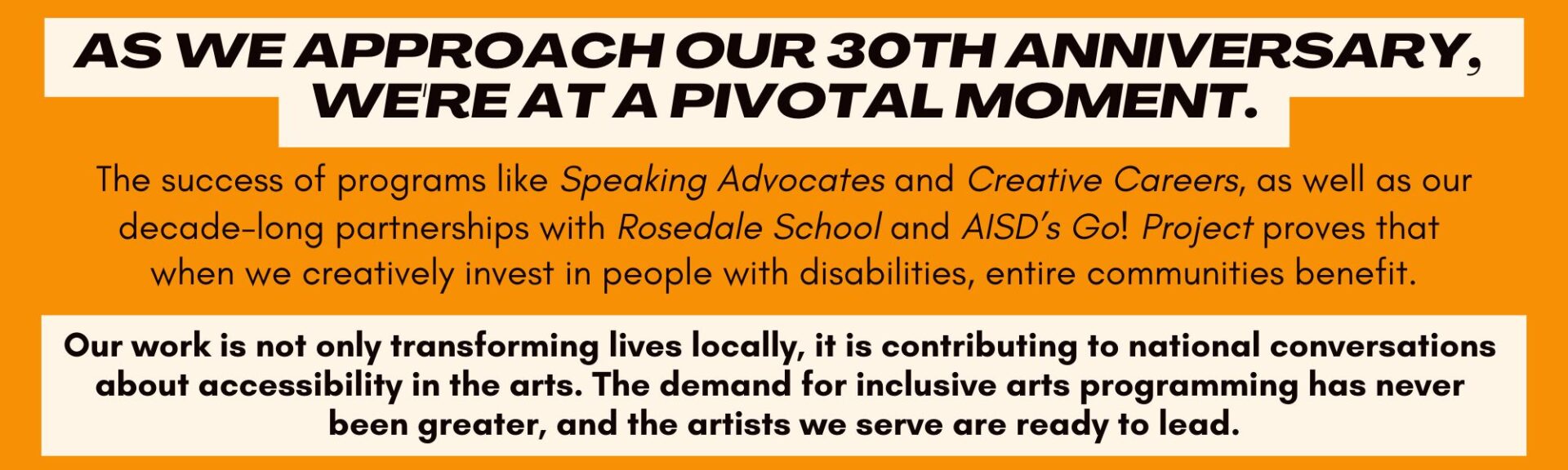 Graphic that talks about Art Spark Texas' 30th Anniversary - inviting donation and fundraising opportunities alongside member benefits for their new Art Spark Collective