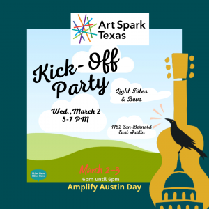 A guitar and crow. Text reads, "Kick off party. Wednesday March 2nd 5-7Pm."