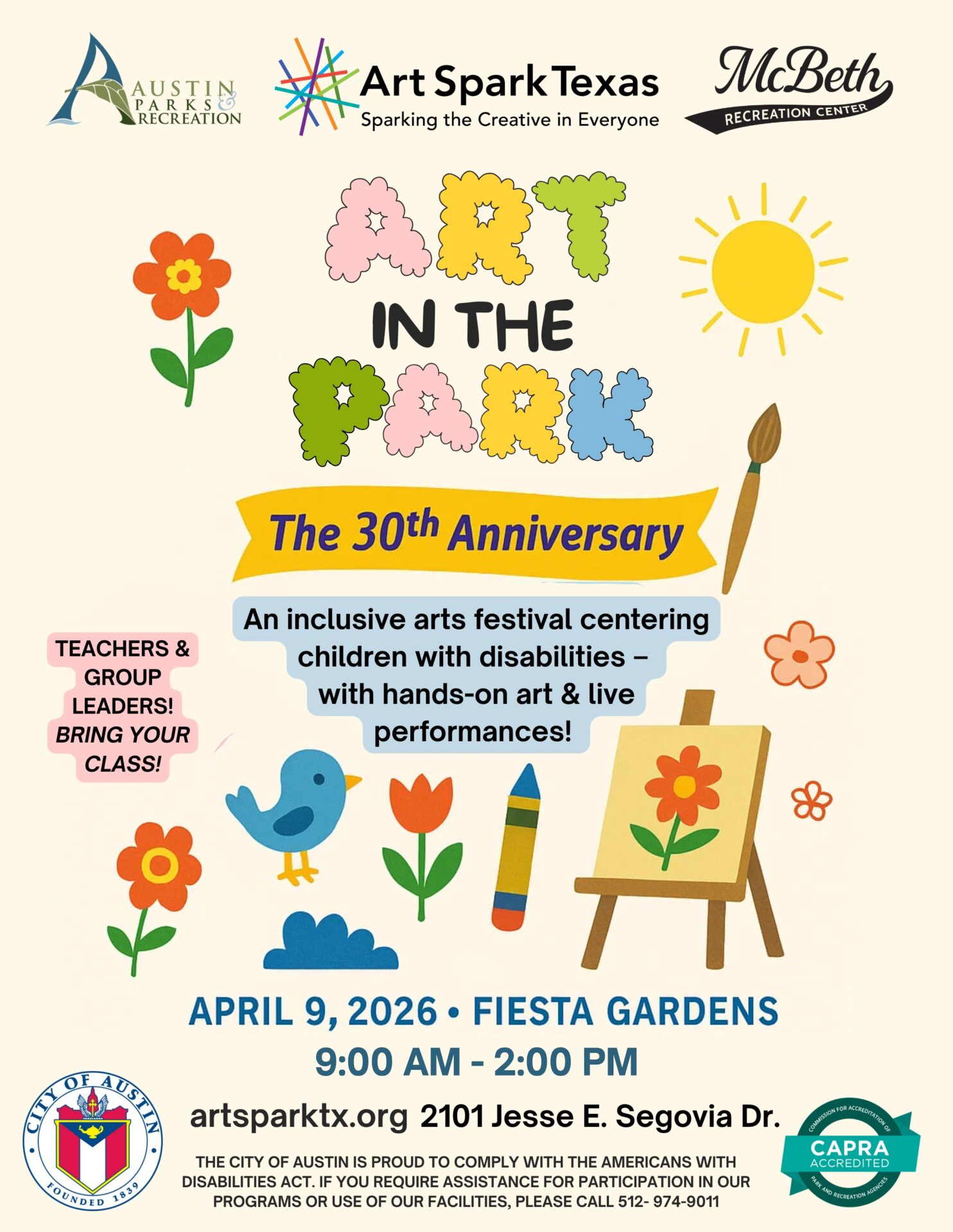 Art in the Park flyer with a light pink cream backdrop and spring graphics of flowers and art supplies with text that reads "Art in the Park - April 9th 2026 9am - 2pm at Fiesta Gardens in Austin, Texas"