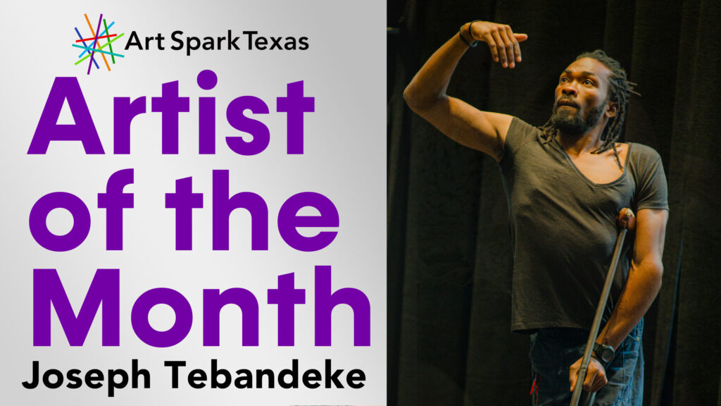 Dancer Joseph Tebandeke posing in front of a black backdrop with bright purple text that says "artist of the month: joseph tebandeke"