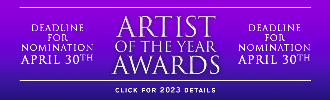 White text on a purple background. Text reads, "Artist of the Year awards. Deadline for nominations April 30th."