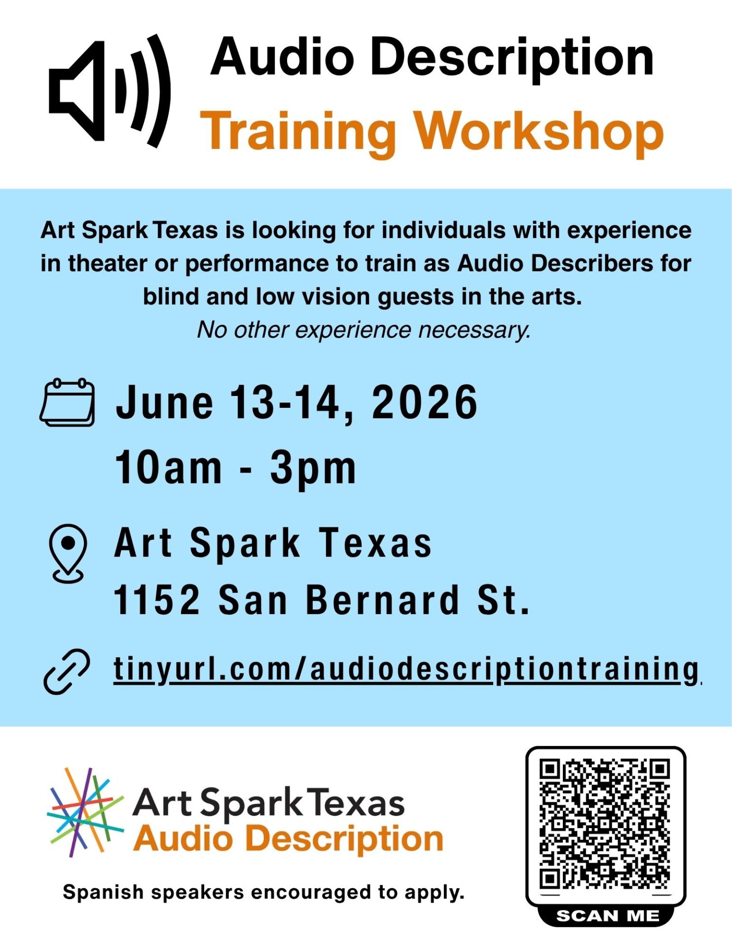Audio Description Training Workshop at Art Spark Texas on June 13th and 14th from 10am - 3pm - sign up at https://tinyurl.com/audiodescriptiontraining