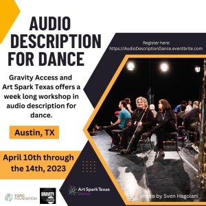 stylized graphic with a photo of audience members in all black seated on a stage. Text reads, "Audio Description for Dance."