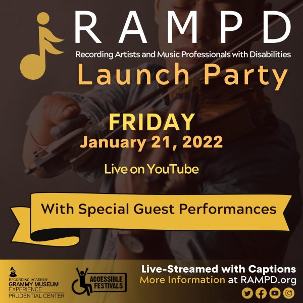 Flyer for RAMPD’s Official LAUNCH Party features event details over a background of a musician with a disability playing a modified violin.