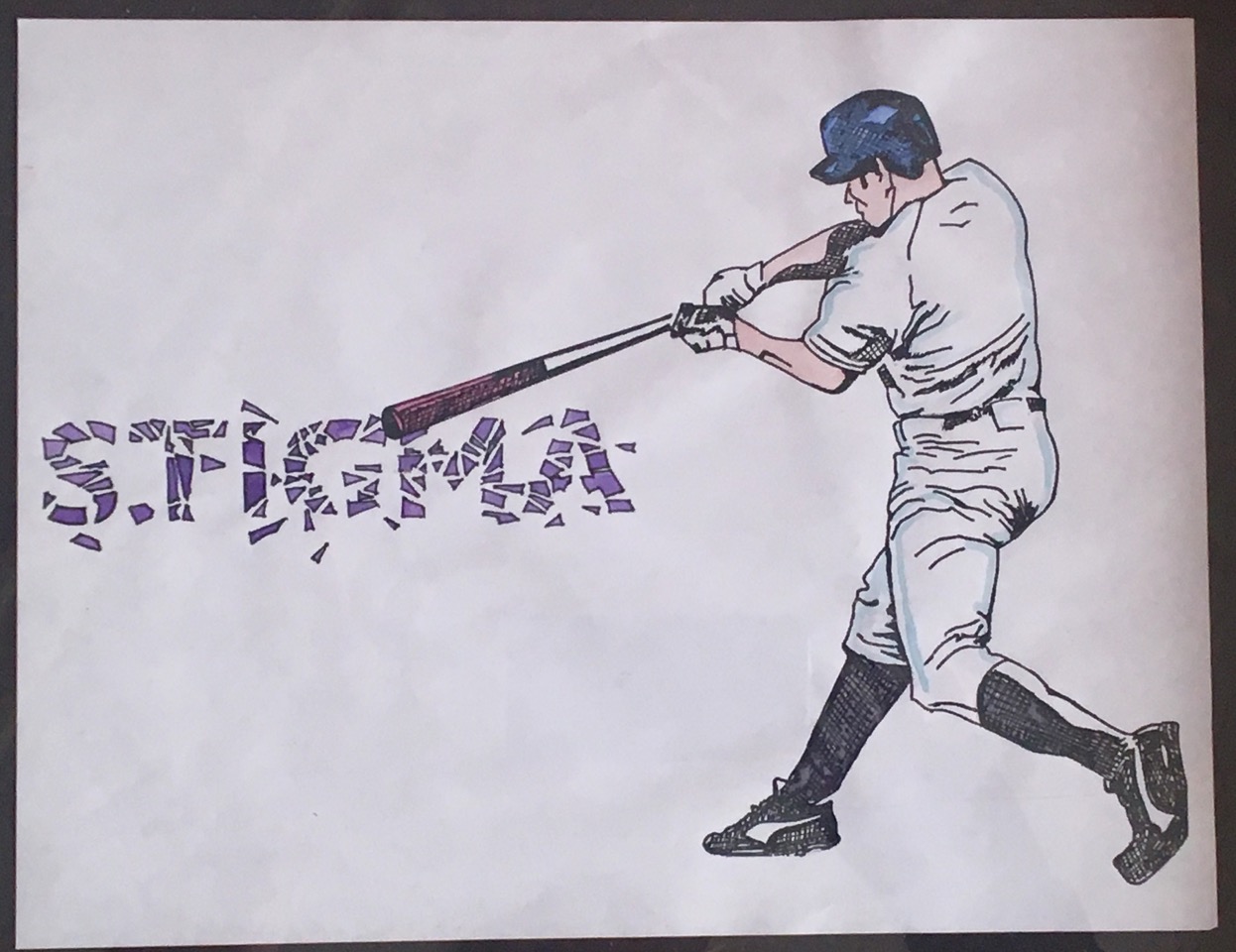 Drawing of baseball player shattering the word stigma with his bat