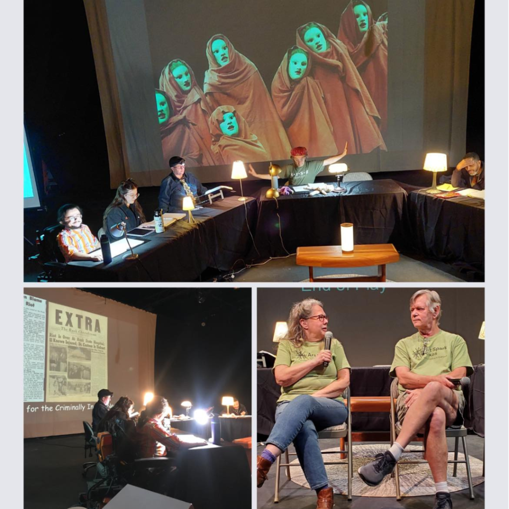 ID: Three images from the staged reading. Center top: Kurt and MsBoye with cast sitting at tables with black tablecloths during the performance. Backdrop is a classic image of Greek Chorus. Bottom left: Celia Hughes and James Burnside wearing green Art Spark T-shirts talk during post-show Q&A. Bottom right: Cast sits at tables during the performance view taken from the side of the stage.
