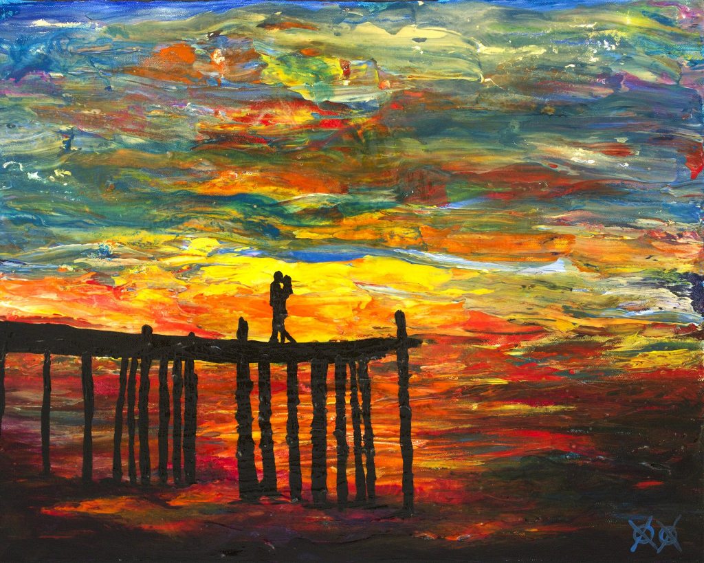 stunning colorful painting of lovers embracing on a pier