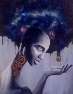 a black figure with gears in her throat with a blue, black, and purple star-filled galaxy behind her bald head, forming her hair.