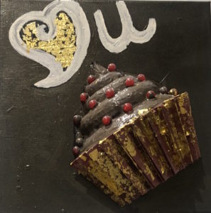 mixed-media art features painting of words heart you and 3-D cupcake