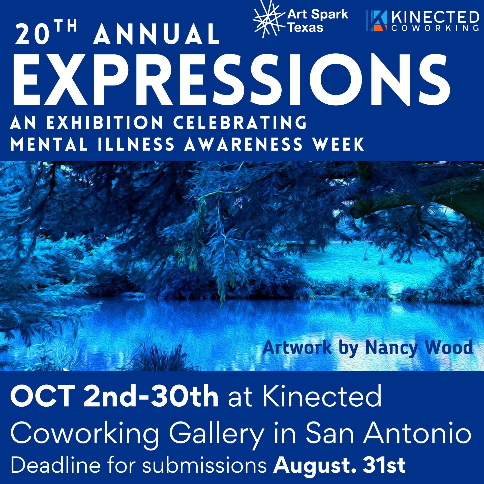 20th Annual Expressions Exhibit from Art Spark Texas celebrating mental illness awareness week in San Antonio Texas at Kinected Coworking Gallery October 2nd - 30th, 2026.