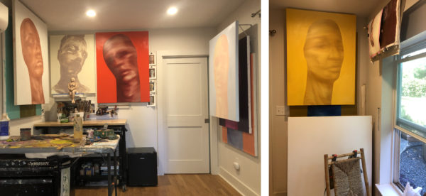Interior photo of Hannah Lee's art studio. Multiple large scale portraits, focusing on the face and neck, adorn the walls.