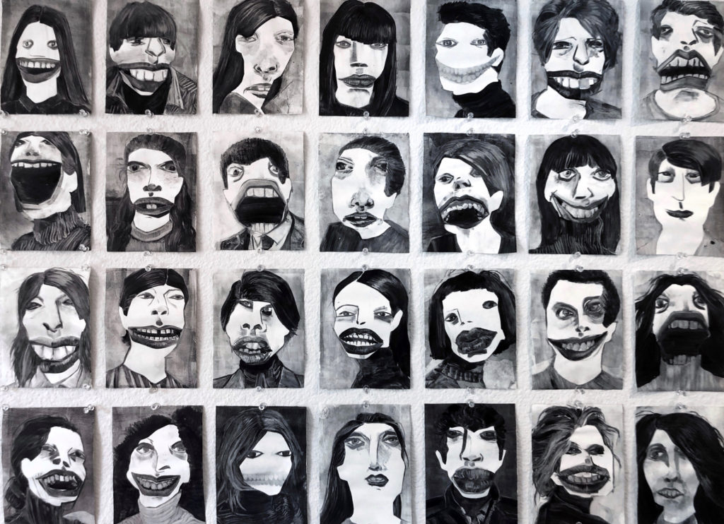 A collection of 28 small portraits painted in black and white. Each facial expression is strictly framed by a silhouette shape of the face.