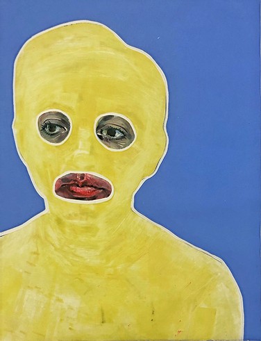 Portrait of a figure. The body of the figure is covered with a layer of lemon yellow paint allowing only the mouth and eyes to be seen in full detail. The background of the picture is a flat cornflower blue.