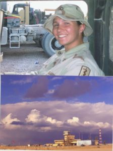 Two photos stacked on top of each other, the first shows a woman wearing military fatigues and sitting in a military ambulance, the other one shows a military base beneath a partly cloudy sky