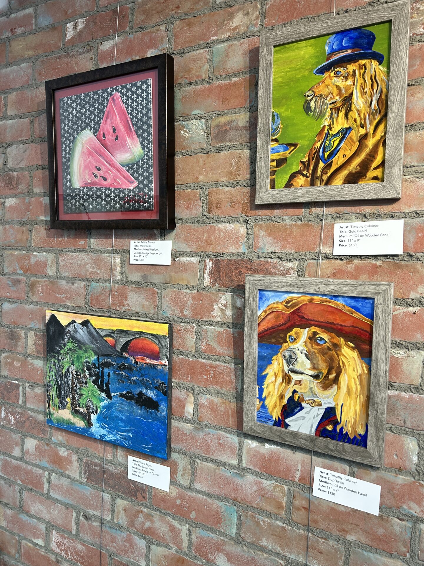 Gallery wall at the Williamson County Art Guild for Art Spark Texas' 16th Annual Distinguished Artist Veterans Exhibit in Georgetown, Texas featuring over 25 veteran artists from across the state.