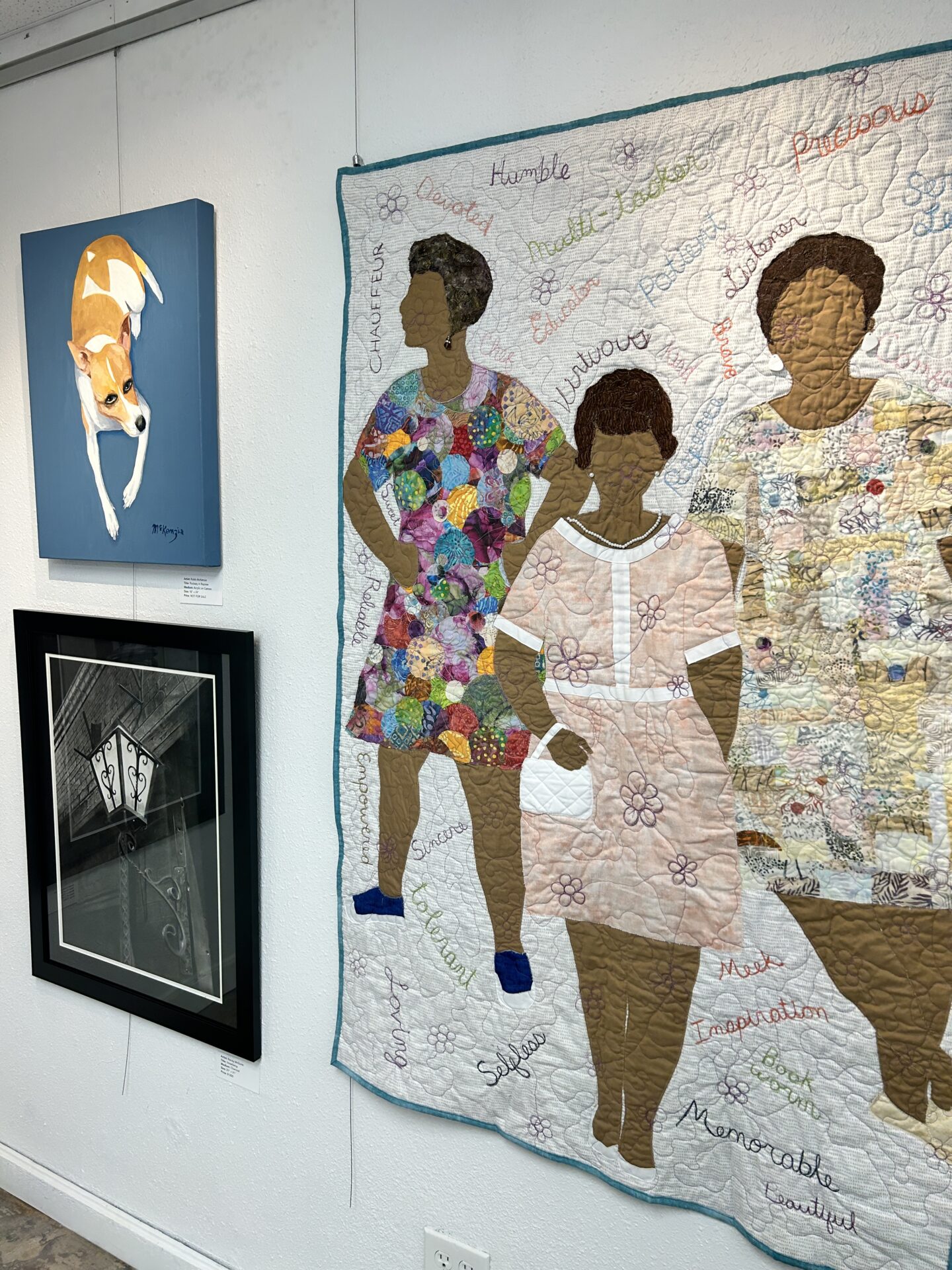 Gallery Wall at the Williamson County Art Guild Gallery from Art Spark Texas for the 16th Annual Veteran Art Exhibit featuring work from dozens of artists - seen here, fabric, charcoal, and painting work.