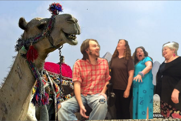 photo of Eric, April, Celia, and Lynn pasted over a photo of a camel in Egypt