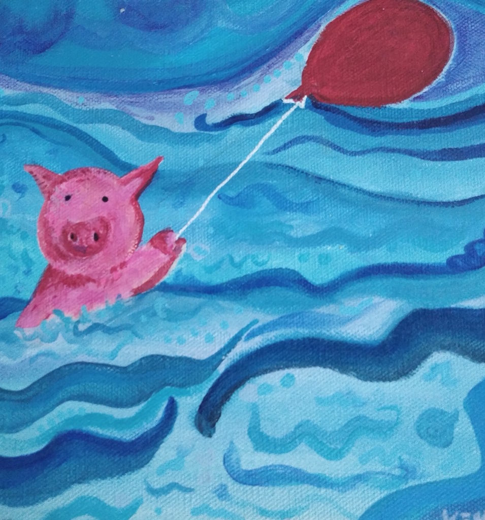 painting of pig in the ocean sailing with a red balloon