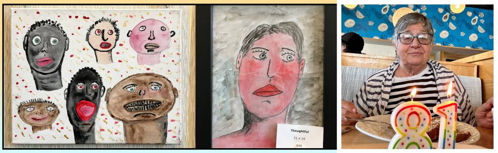 Three panels showing faces, a portrait, and a photo of Pat.