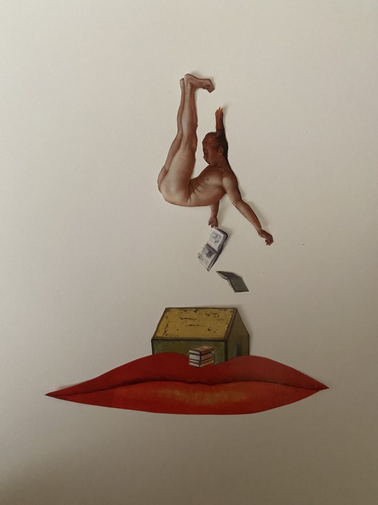 Abstract collage of naked man falling into a house resting on red lips