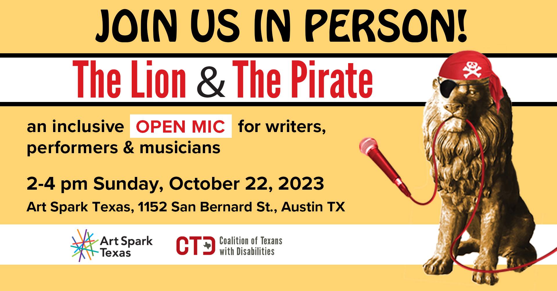 Flyer for The Lion and the Pirate In Person Open Mic