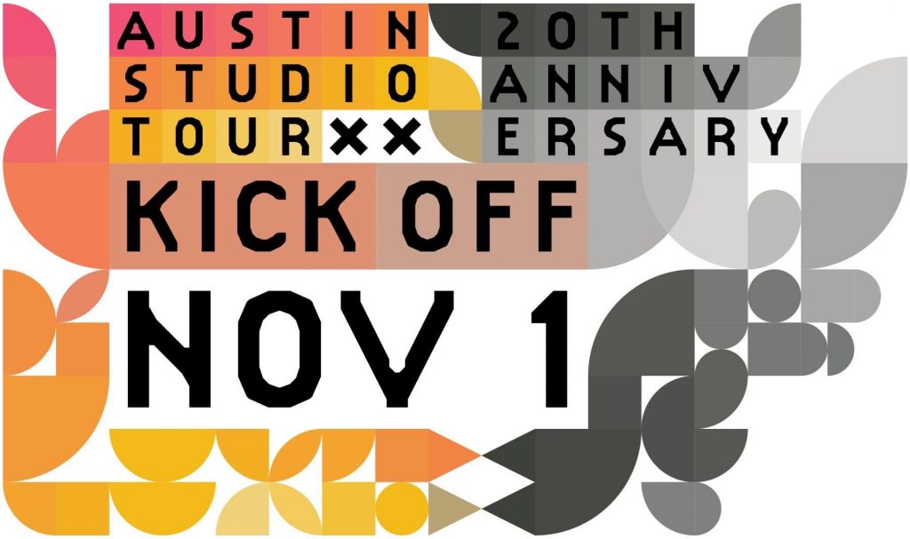 geometric shapes with text. Text reads, "Austin Studio Tour 20th Anniversary Kick off Nov 1."