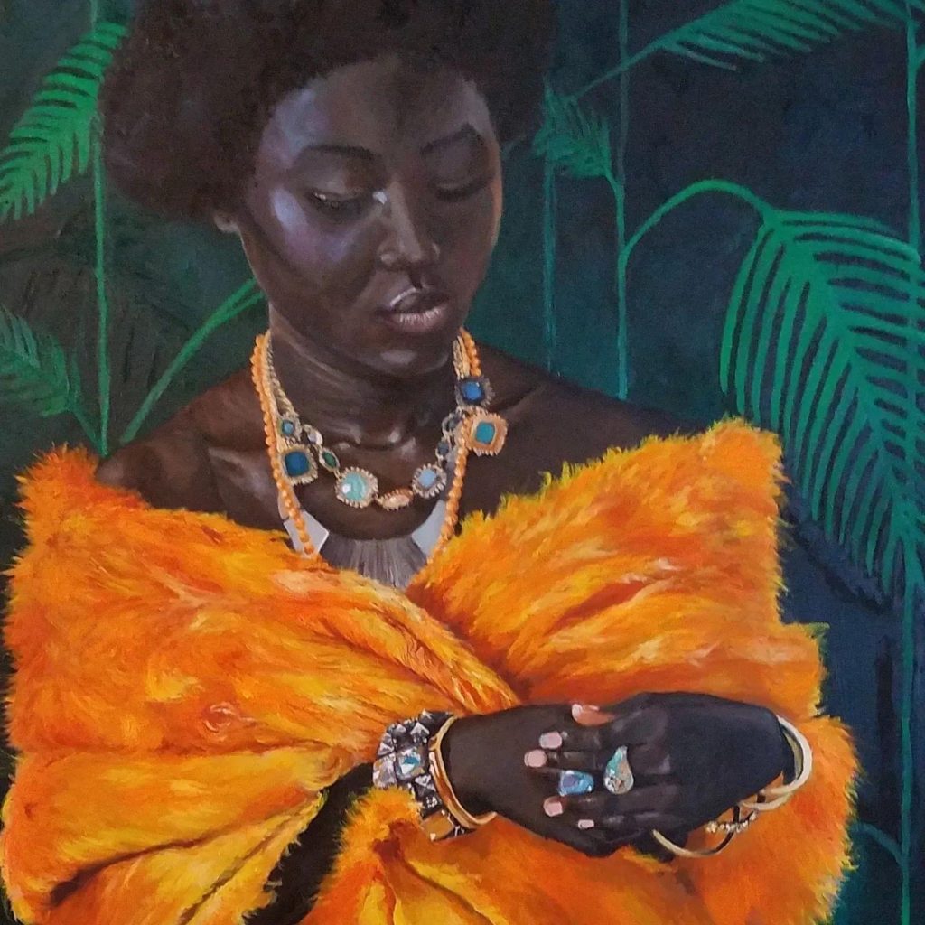 Painting of a woman standing infront of a tall plant looking down at her hands. She is wearing an orange shawl, and an assortment of necklaces, bracelets, and rings.