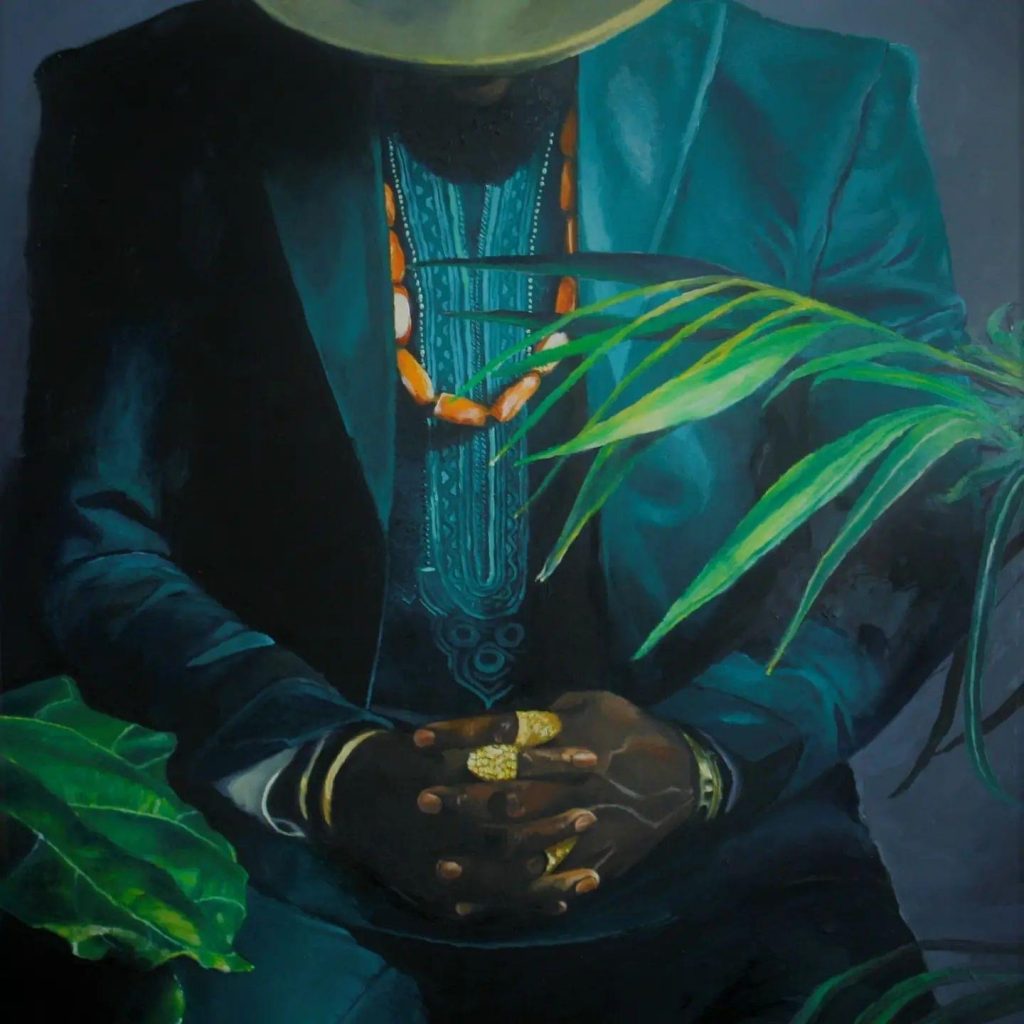 Painting of a siting looking down at his hands. He is wearing a teal suit, hat, and gold rings.