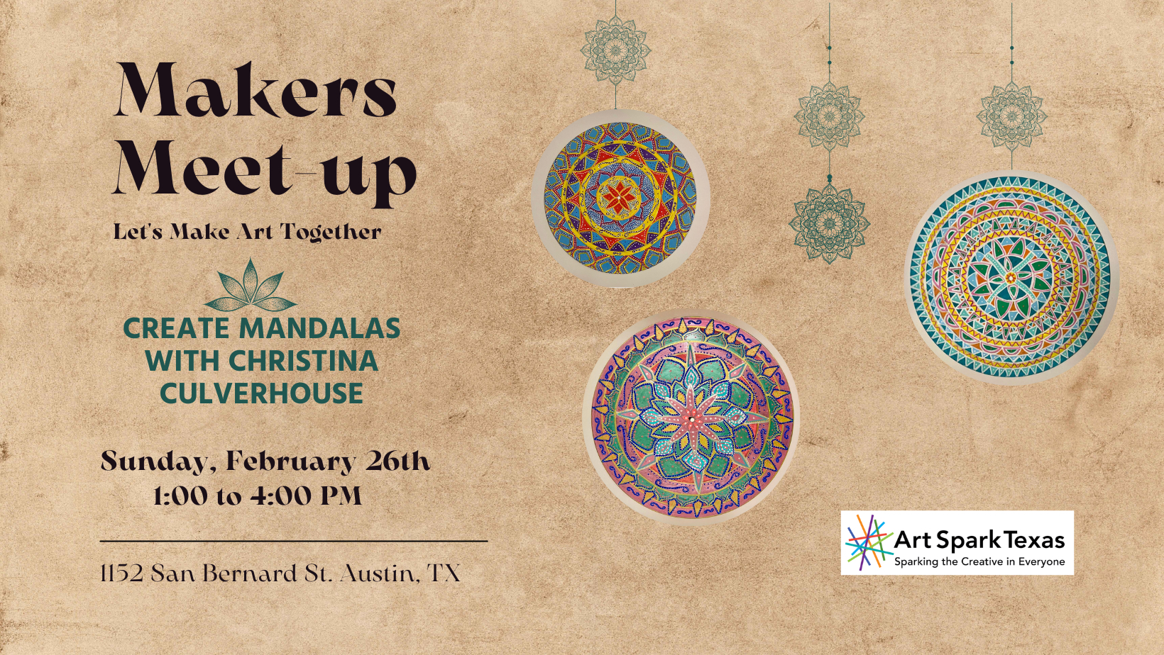 3 mandalas with different patterns and colors. Text reads, "Maker's Meet Up. Create Mandalas with Christina Culverhouse."