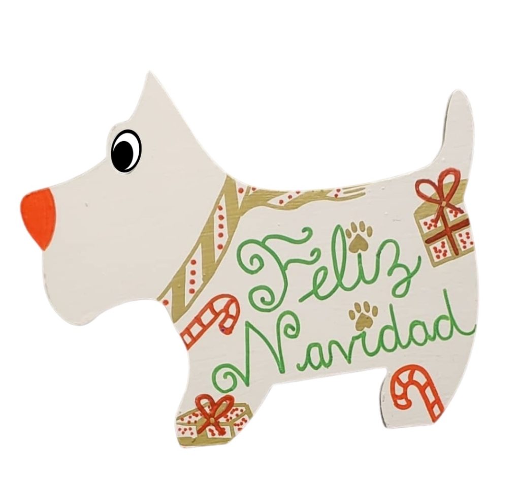 A card in the shape of a dog with text that reads, "Feliz Navidad." 
