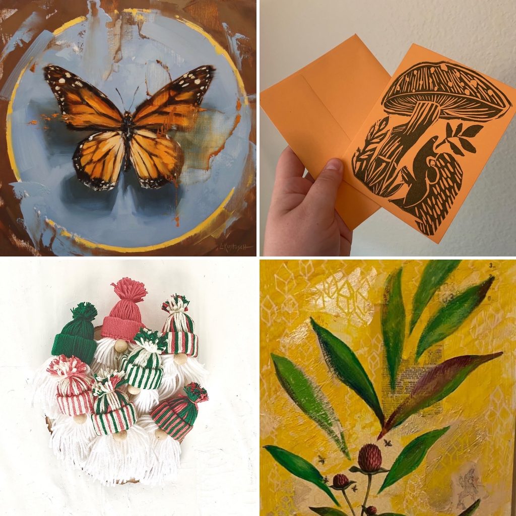 A butterfly painting, card, knitted craft, and flower painting. 