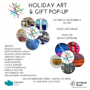 Holiday art and gift pop-up flyer featuring photographs of assorted crafts and works of art cropped into two decorative flowers centered on the page.
