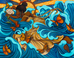 Painting of a woman crying and swimming in an ocean of her tears. She is holding a flower and is surrounded by butterflies.