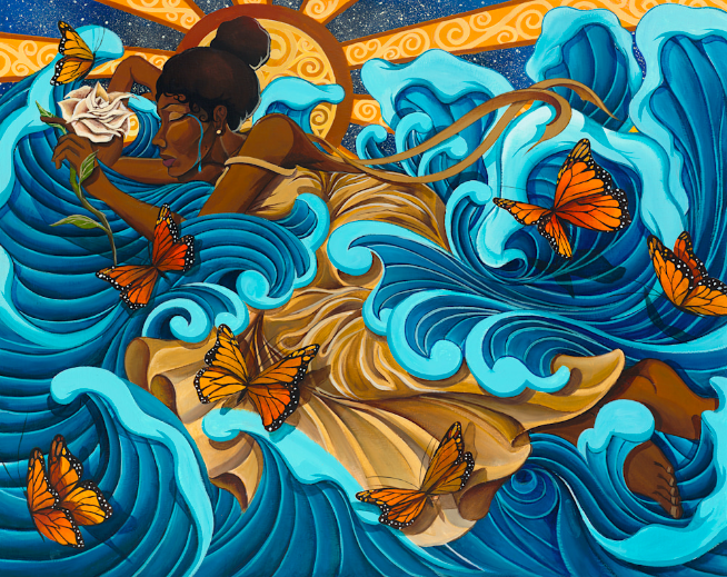 Painting of a woman crying and swimming in an ocean of her tears. She is holding a flower and is surrounded by butterflies.