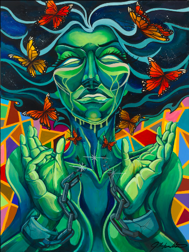 Painting of a green woman breaking the chains on her handcuffs. The woman is crying.