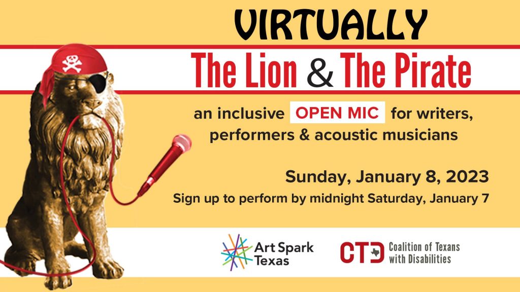 Statue of Lion wearing black pirate hat and eye mask next to event title on mustard background.