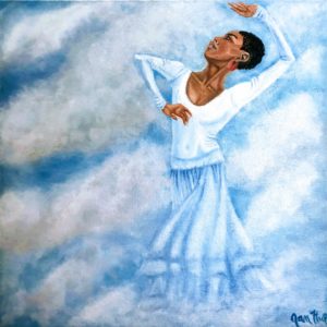 painting of woman dancing in the clouds
