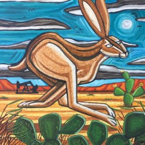 painting of jackrabbit running through desert