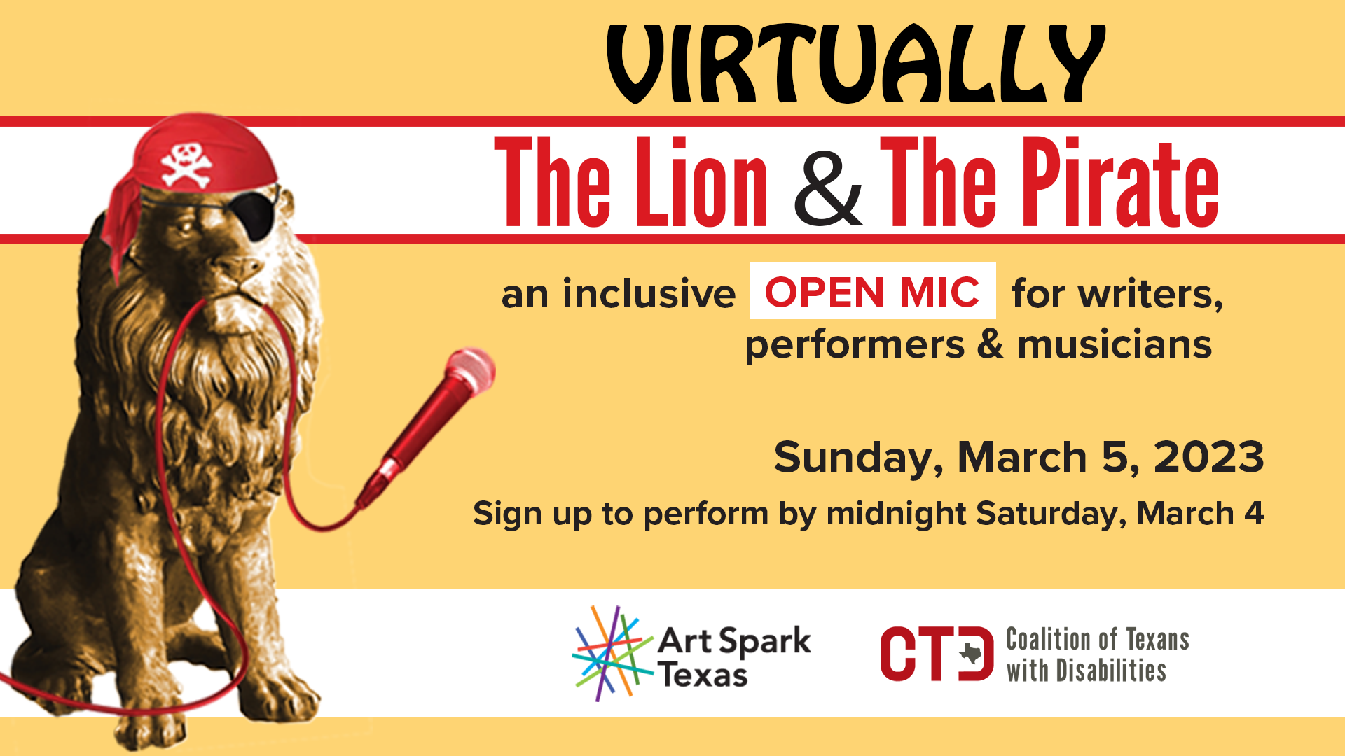 Statue of Lion wearing black pirate hat and eye mask next to event title on mustard background.